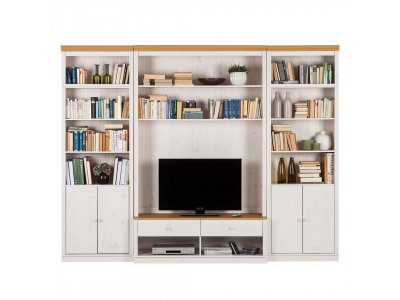 Kit com 3 estantes com portas nas laterais em Madeira Maciça – na cor branco lavado e mel | Coleção Biblioteca